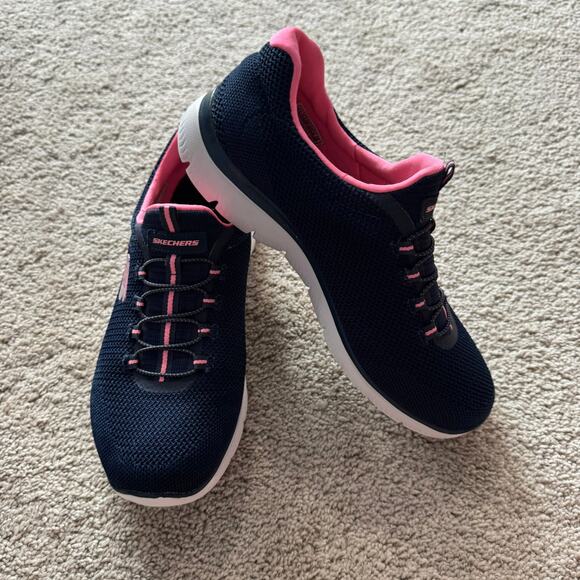 Skechers Summits Cool Slip On Sneakers Bungee Laces Women's Size 8.5 Navy Pink - Picture 1 of 9